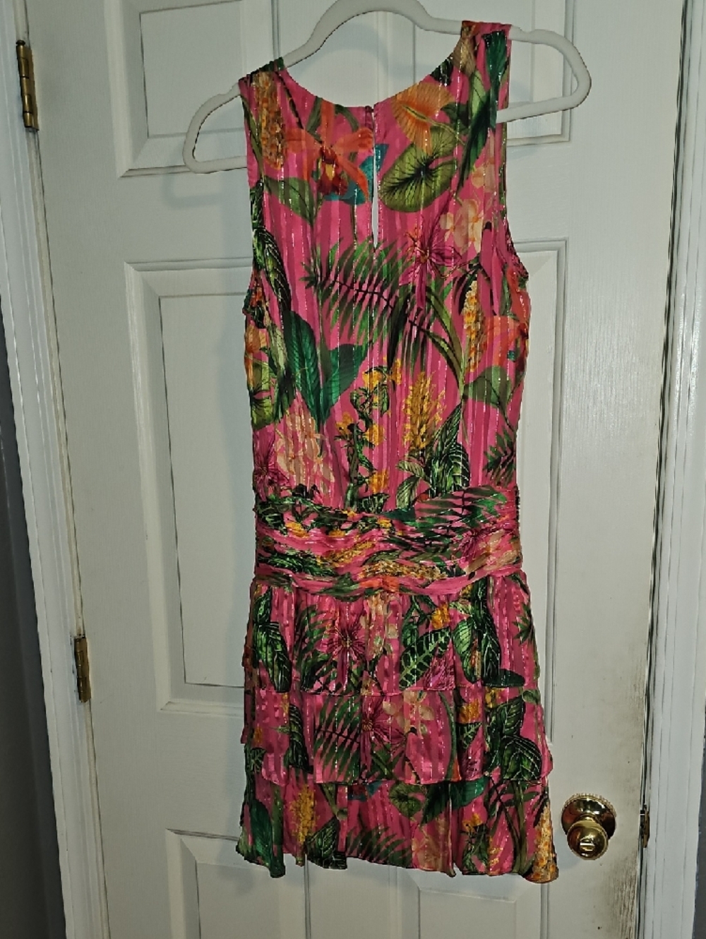 Ramy Brook Pink Tropical Print V-Neck Tiered Mini Dress - Picture 3 of 4